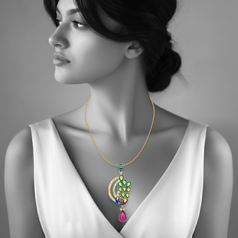Peacock Enamel Pendant with Polki Diamonds and Tourmaline Drop